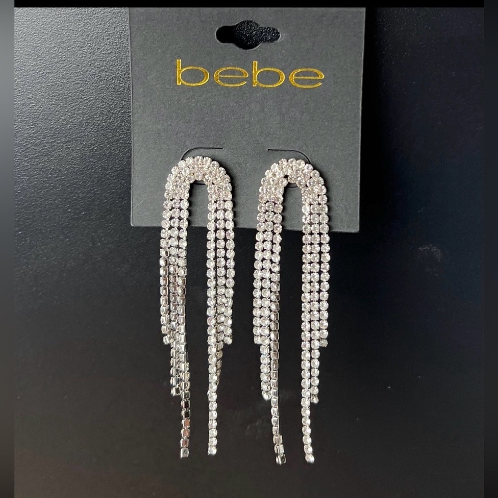 Bebe Earrings Chandelier Drop 3” Silver - Faux Diamonds/ Faux Crystals Sexy